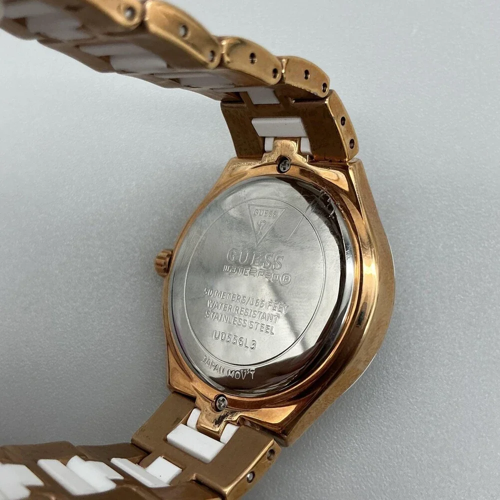 Guess U0556L3 Women Watch 36mm Crystals Rose Gold Tone Day Date New Battery 7.5